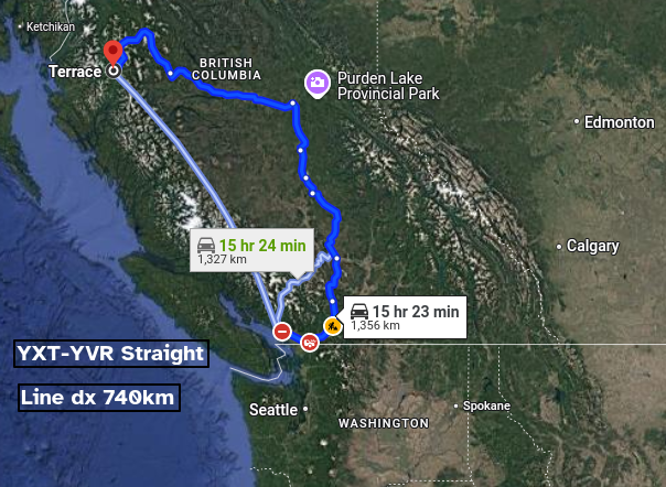 Distance from Terrace, BC to Vancouver, BC