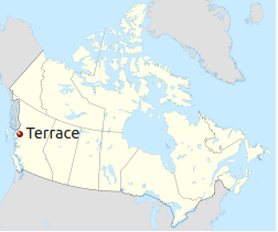 Terrace as a dot on a small map of Canada